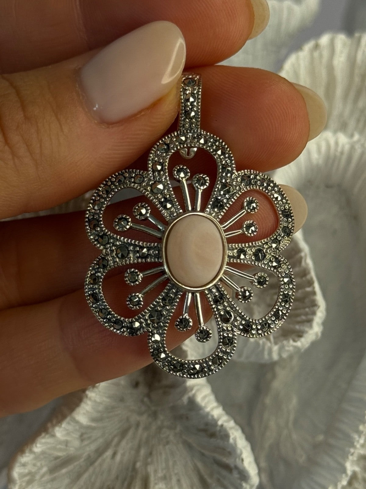 925 Sterling Silver Pink Agate & Marcasite Flower Pendant Length 1.75 Inch