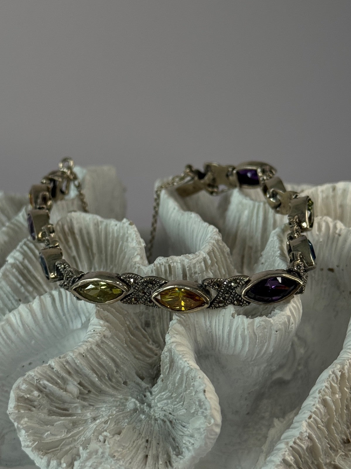 Vintage 925 Sterling Silver Multi Color Gemstones Bracelet Length 7