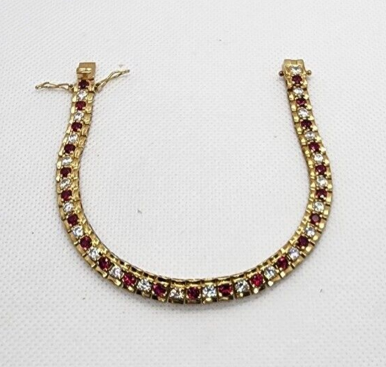 925 Sterling Silver Vermeil Ruby AND Quartz Bracelet Size 7.15 IN