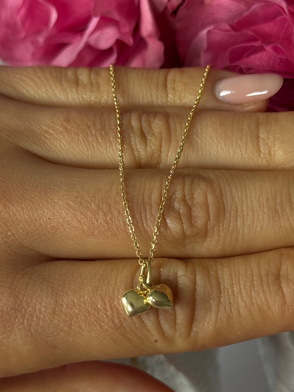 14K Yellow Gold 2 Hearts Necklace Length 18 inch