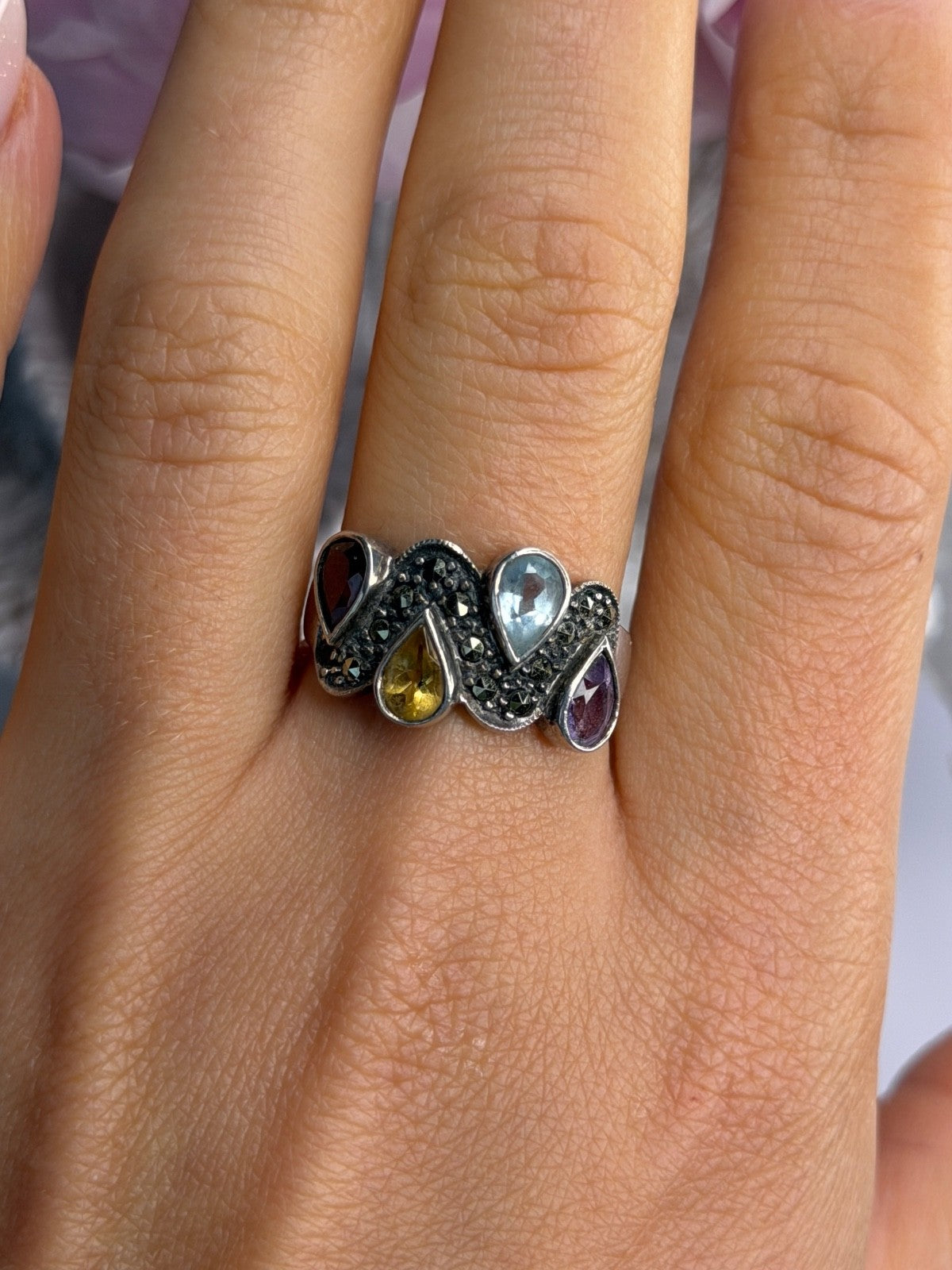 925 Sterling Silver Amethyst Topaz Citrine Garnet Ring Size 9