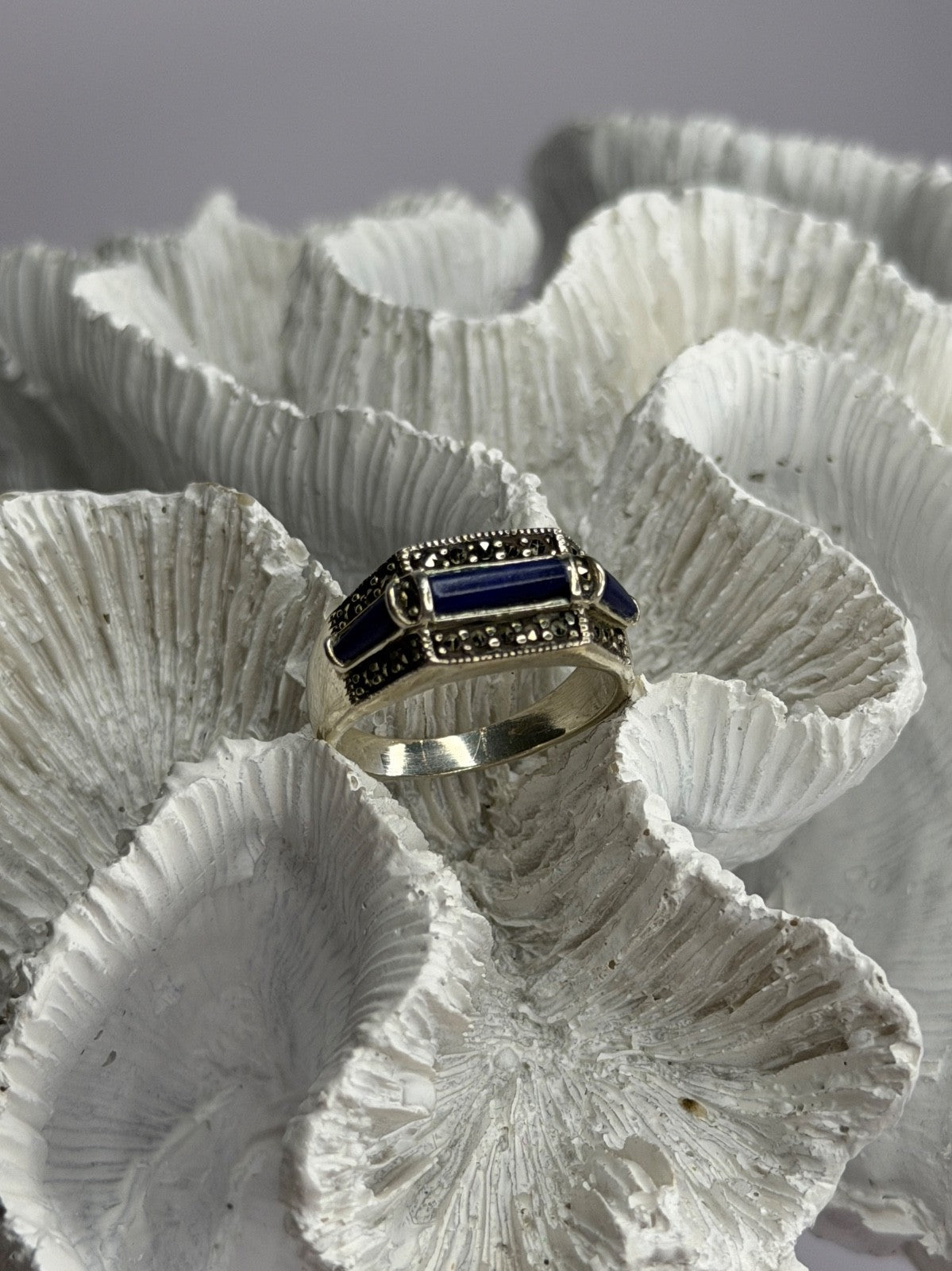 925 Sterling Silver Sodalite & Marcasite Ring Size 9