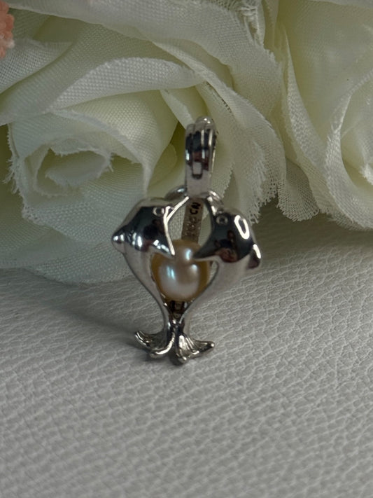 925 Sterling Silver Pearl Dolphins Pendant Length 1 Inch