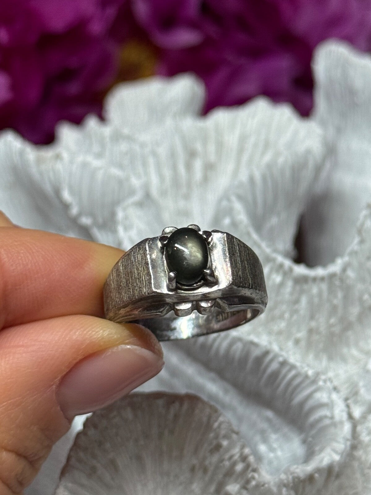 Men'S 925 Sterling Silver Cat'S EYE Tourmaline Ring Size 9
