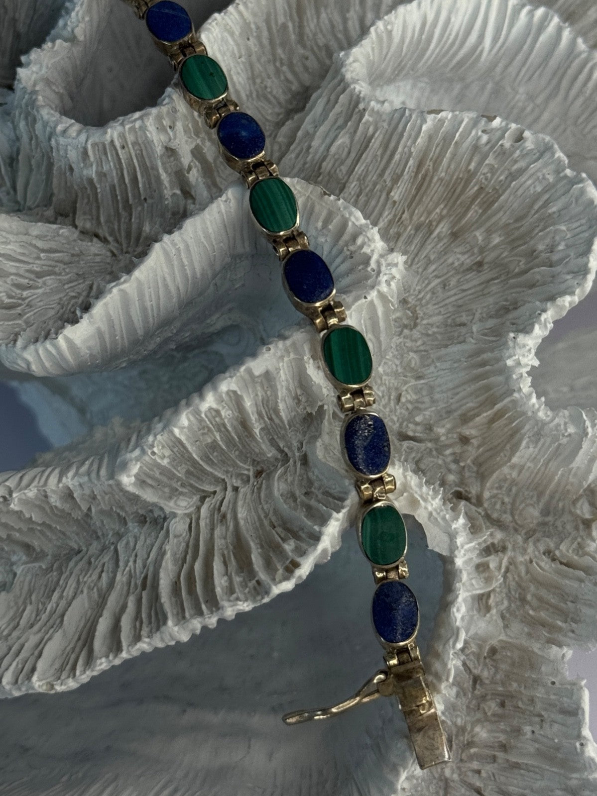 925 Sterling Silver Malachite & Sodalite Bracelet Length 7