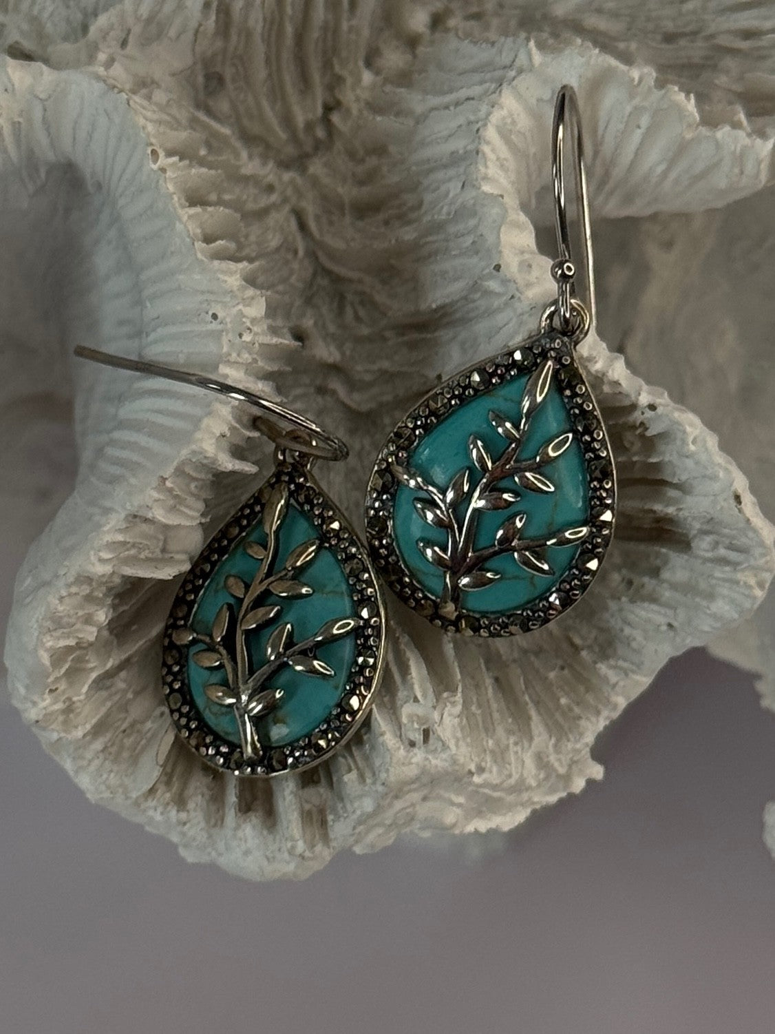 925 Sterling Silver Turquoise & Marcasite Earrings Length 1.20 Inch