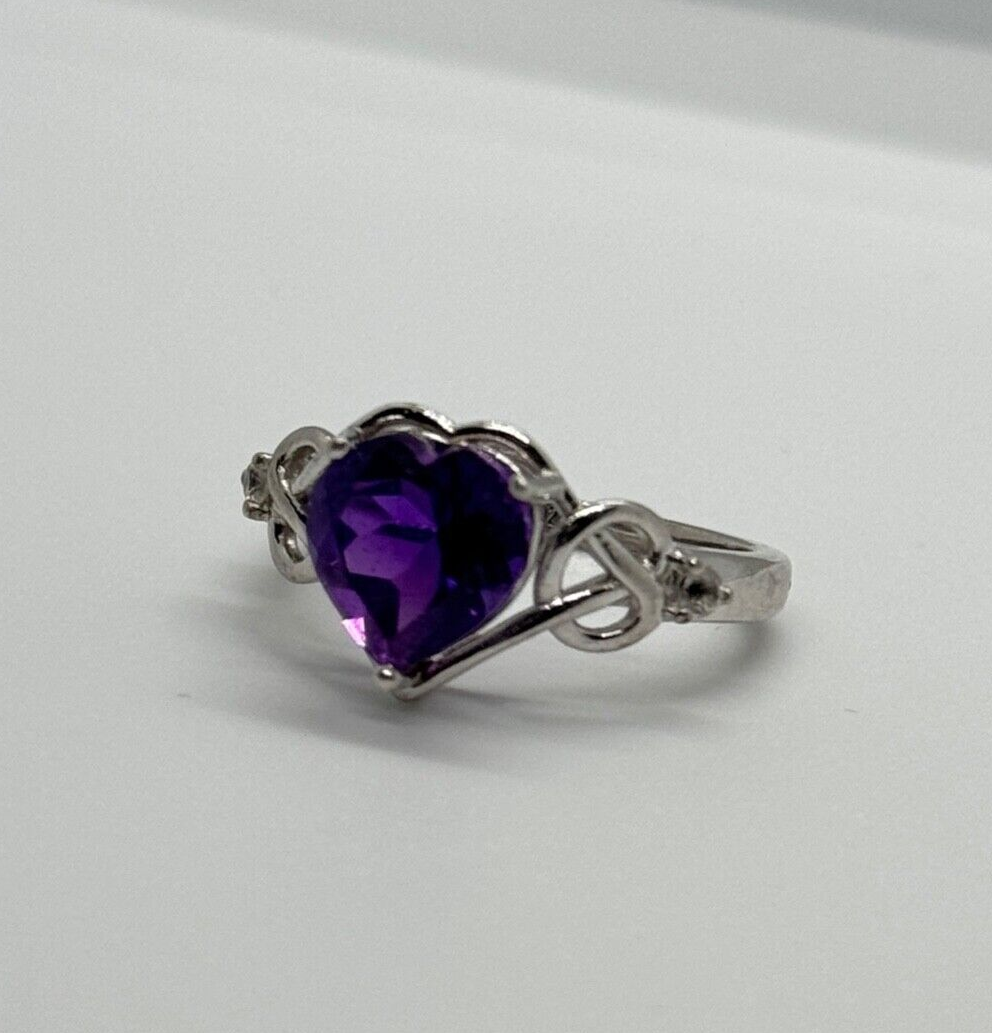 925 Sterling Silver Amethyst & Goshenite Heart Ring Size 6