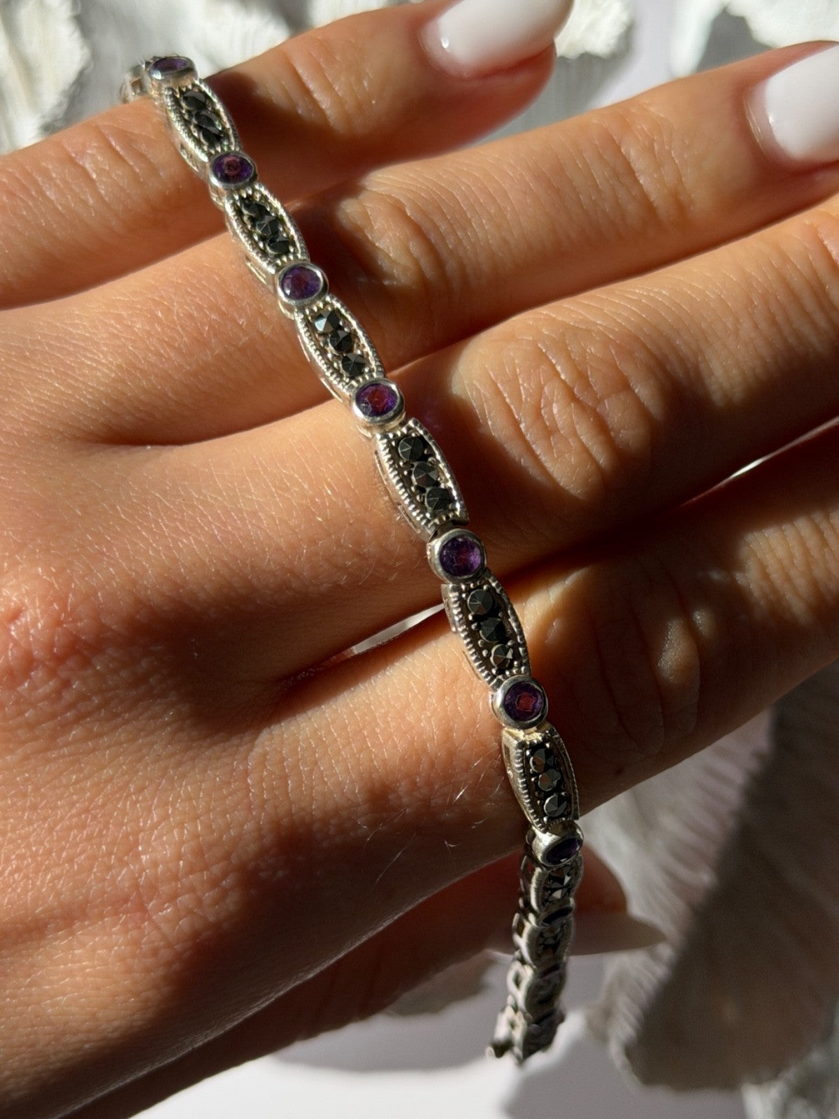 Vintage 925 Sterling Silver Amethyst & Marcasite Bracelet