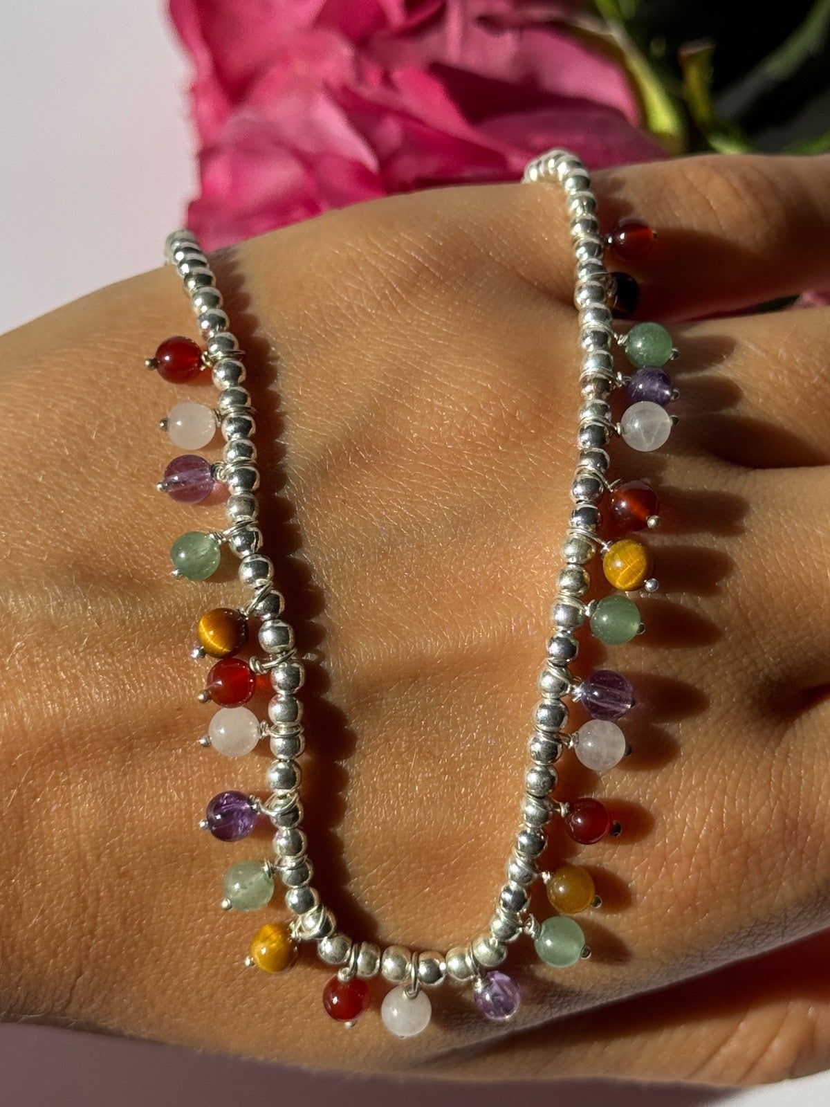 925 Sterling Silver Multi Color Agate Necklace Length 15/18 Inch