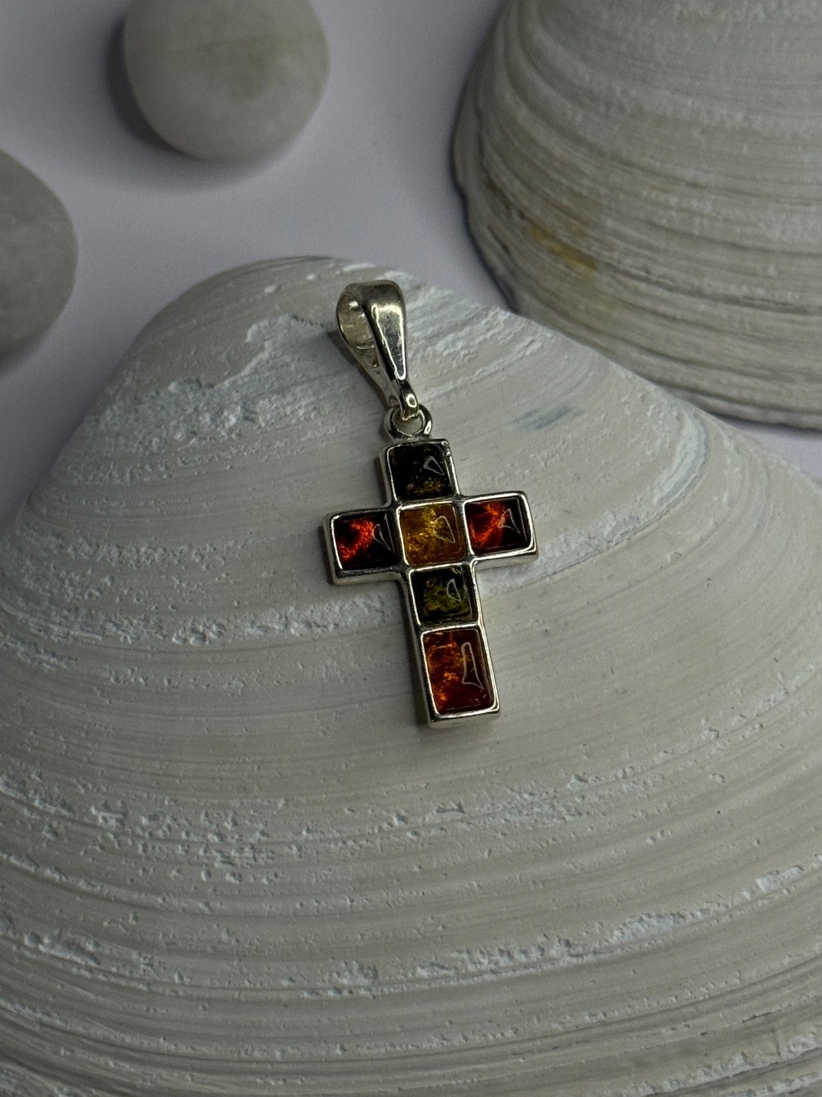 925 Sterling Silver Amber Cross Pendant Length 1.50 Inch