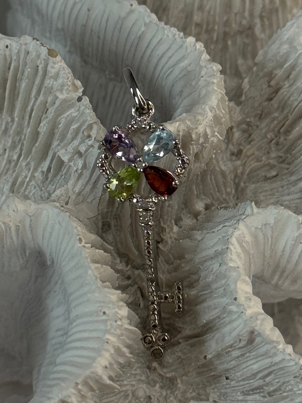 925 Sterling Silver Flower Key Multi Color Gemstones Pendant Length 1.40 Inch