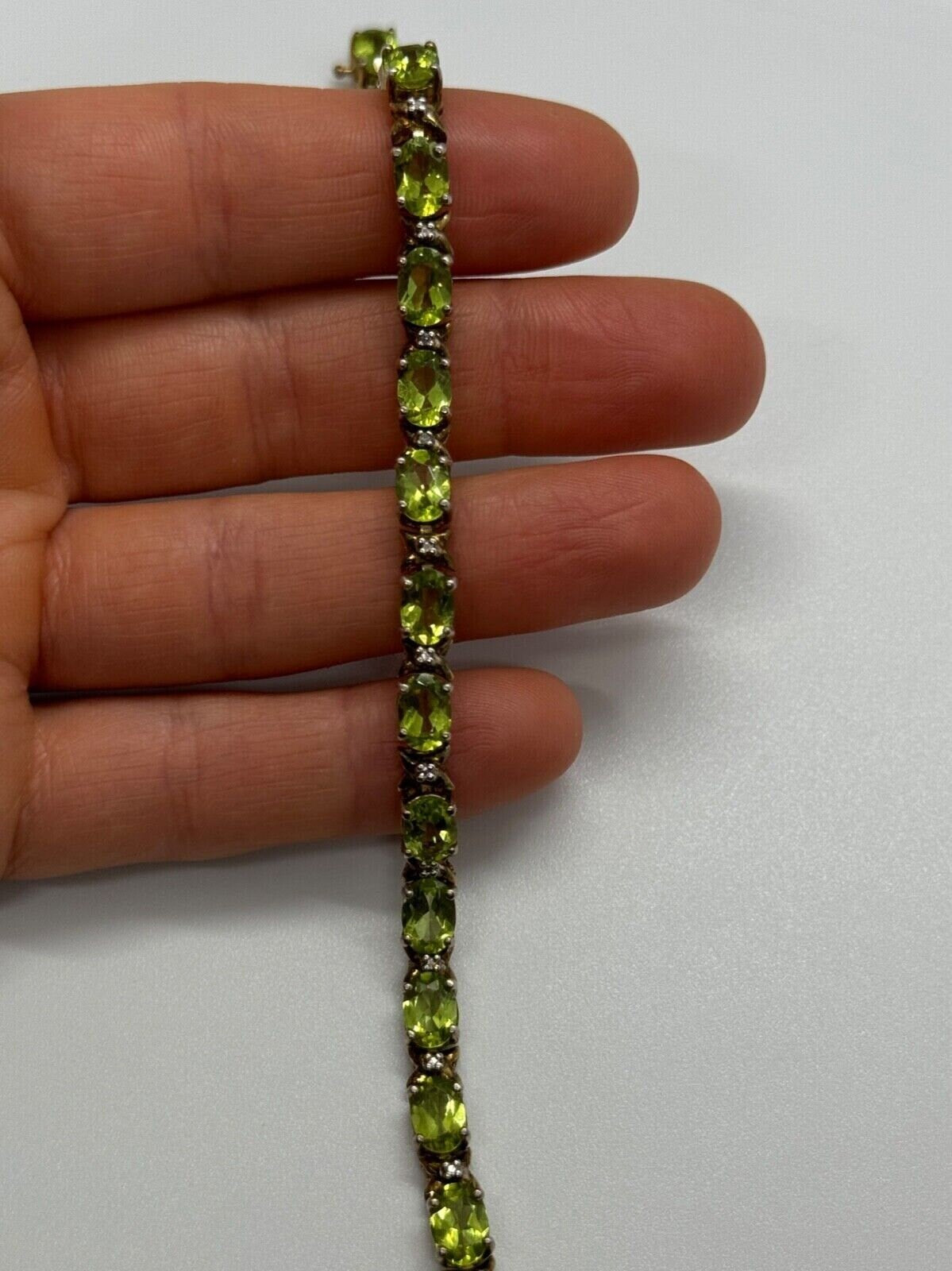 925 Sterling Silver Gold Plated Peridot & Diamonds Bracelet 7.5 in
