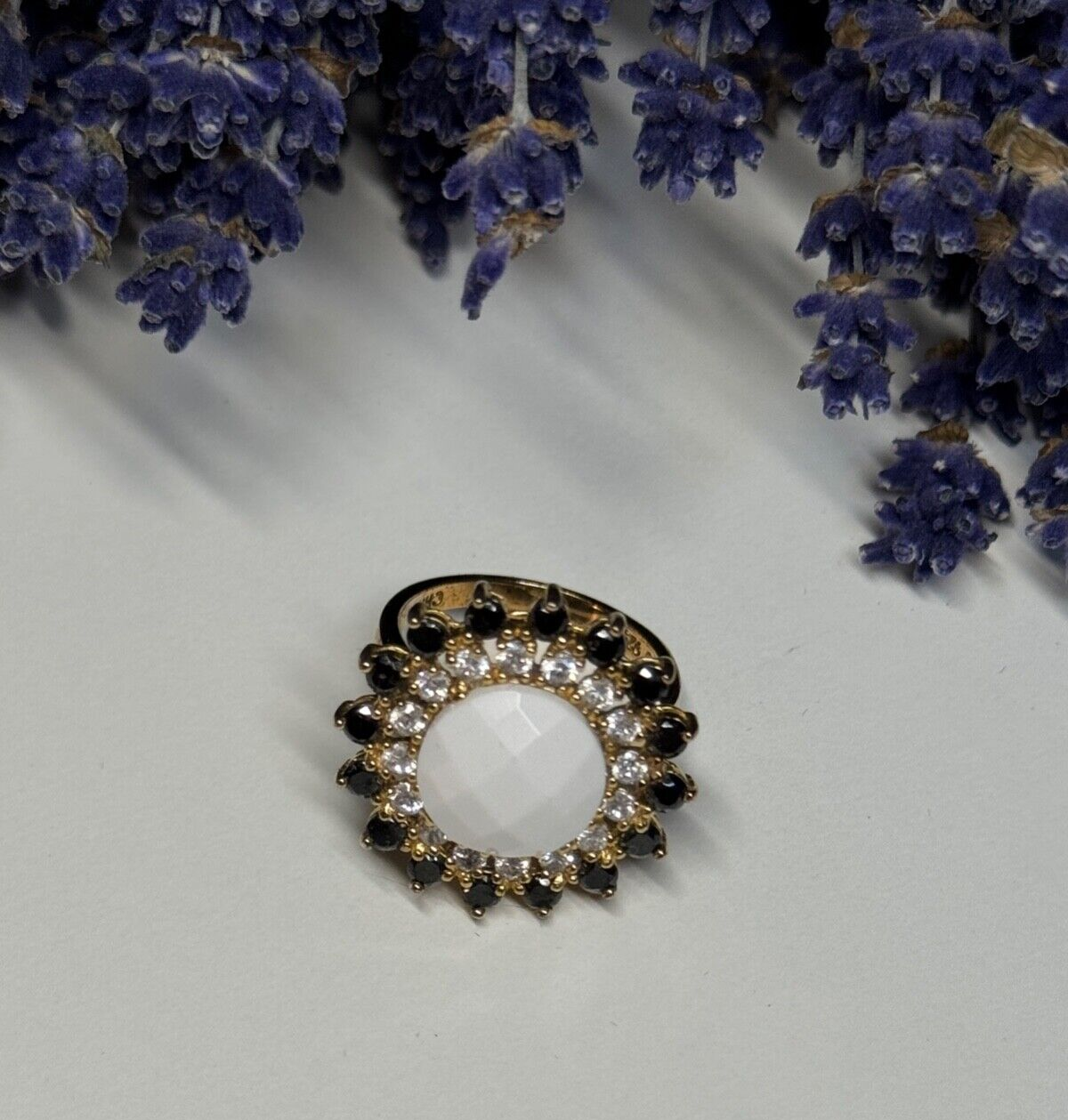 925 Sterling Silver Agate, White & Blue Sapphire Ring Size 7