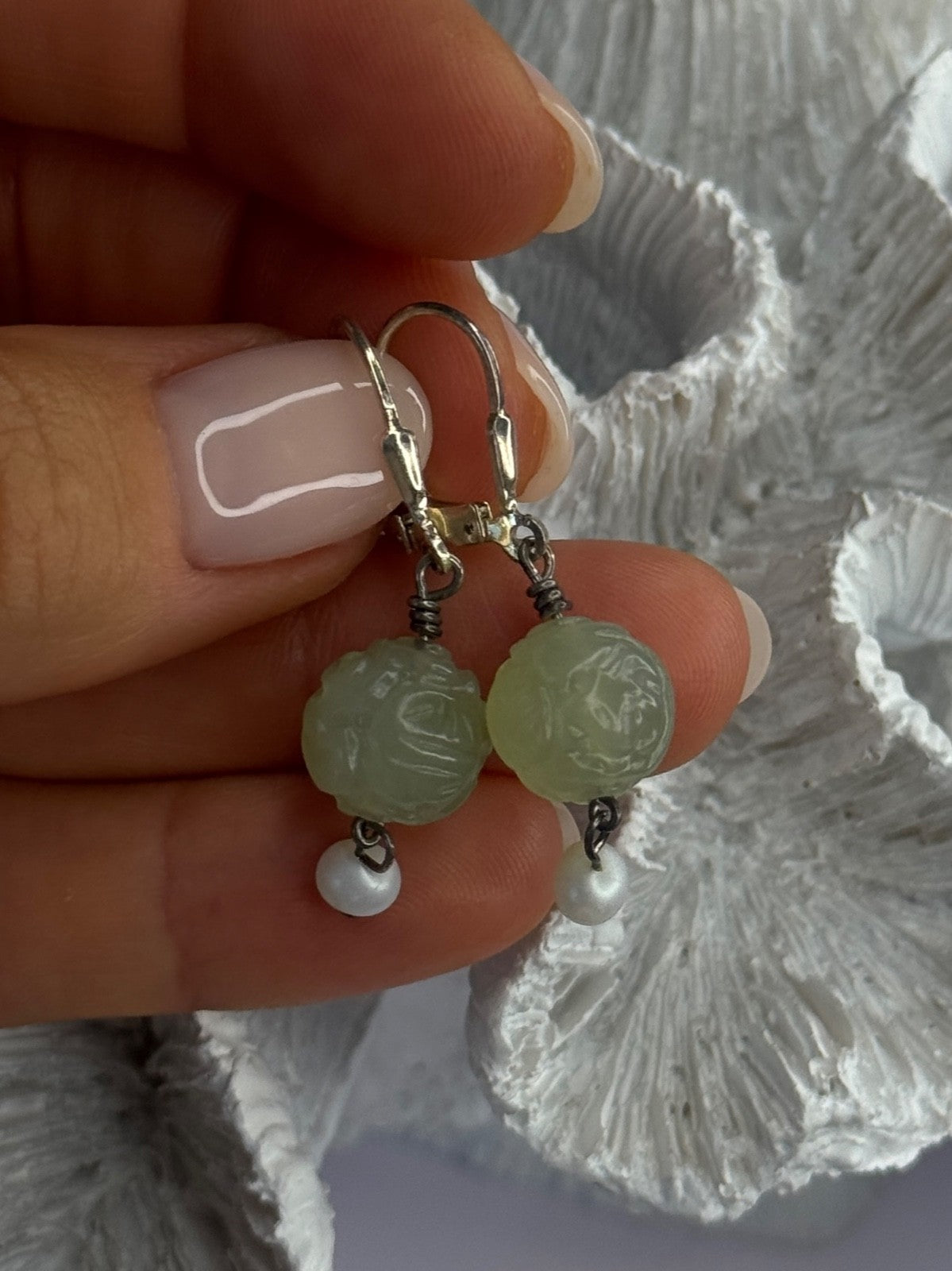 925 Sterling Silver Jade & Pearl Earrings Length 1.40 Inch