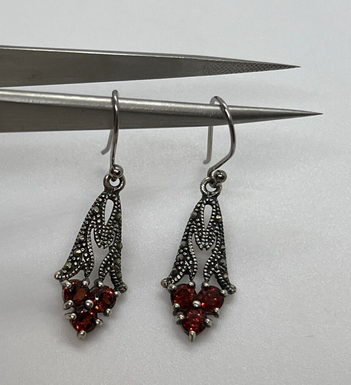 925 STERLING SILVER GARNET & MARCASITE EARRINGS