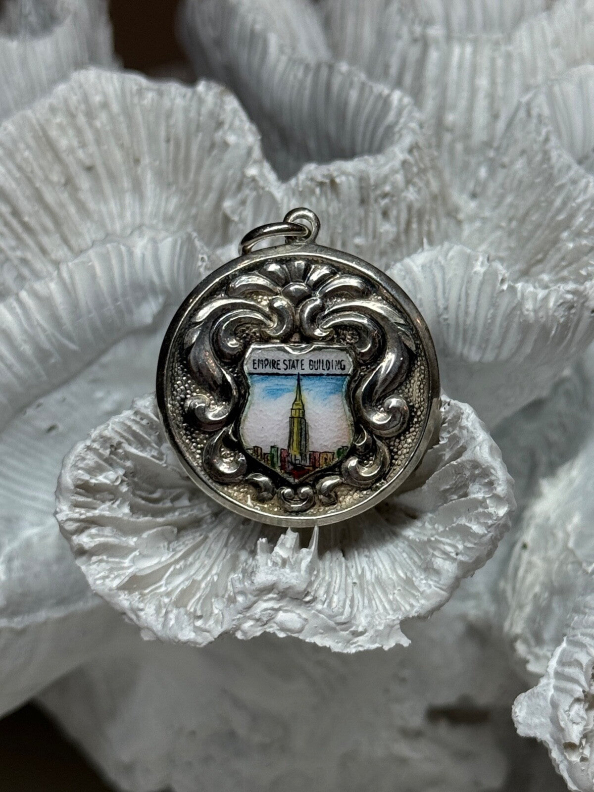 925 Sterling Silver Empire State Building Enamel Pendant Lenth 1.4 Inch