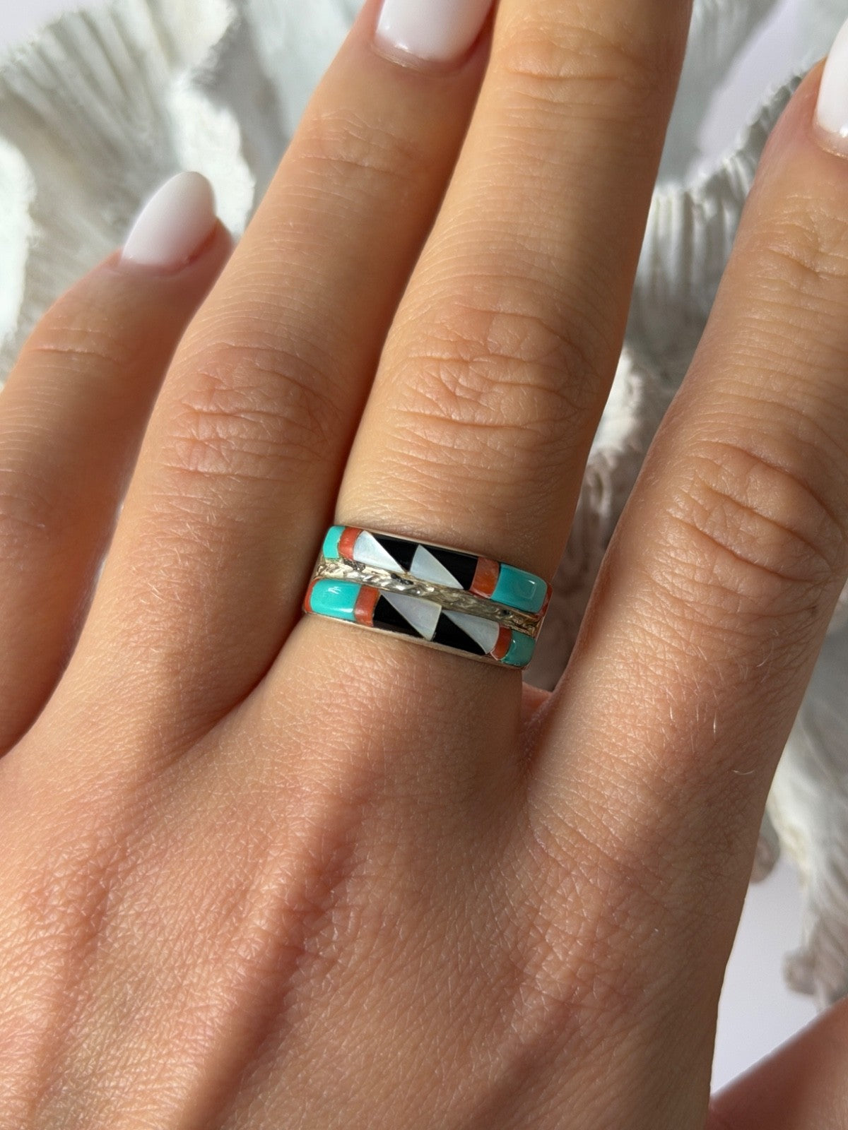 Zuni 925 Sterling Silver Multi-Stone Ring Size 8