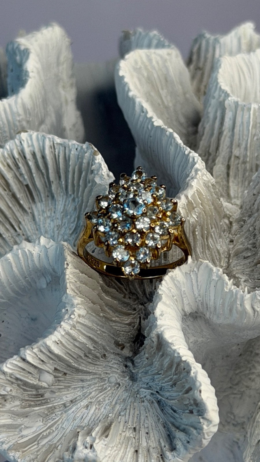 925 Sterling Silver Gold Plated Blue Topaz Ring Size 8