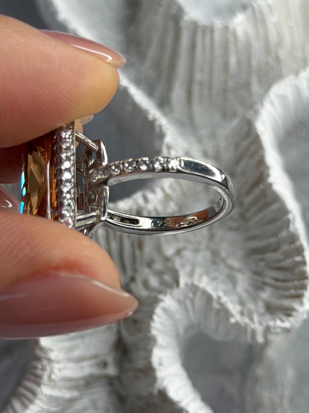 925 Sterling Silver Orange Crystal & Cz Ring Size 5