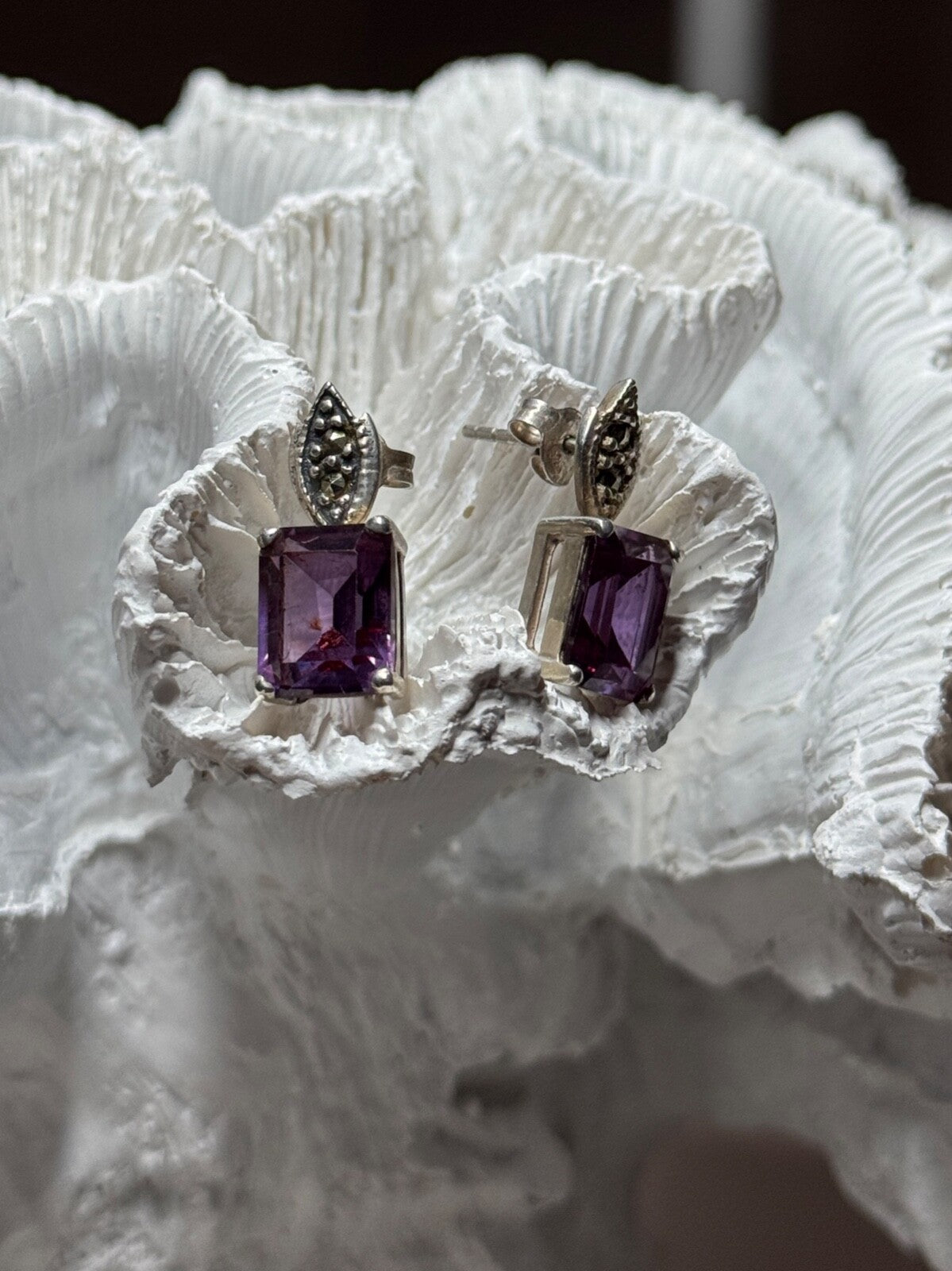 925 Sterling Silver Tourmaline & Marcasite Earrings Length 0.7 Inch