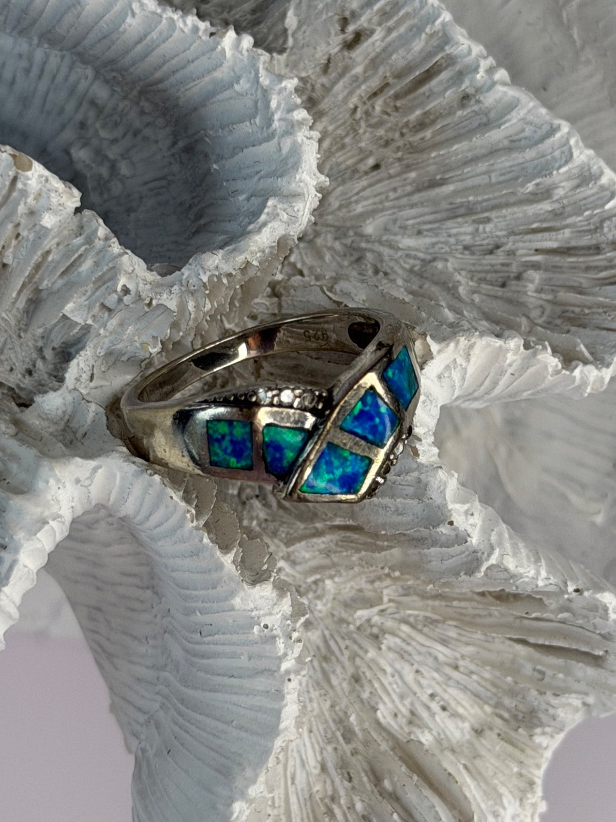 925 Sterling Silver Opal & Beryl Ring Size 7