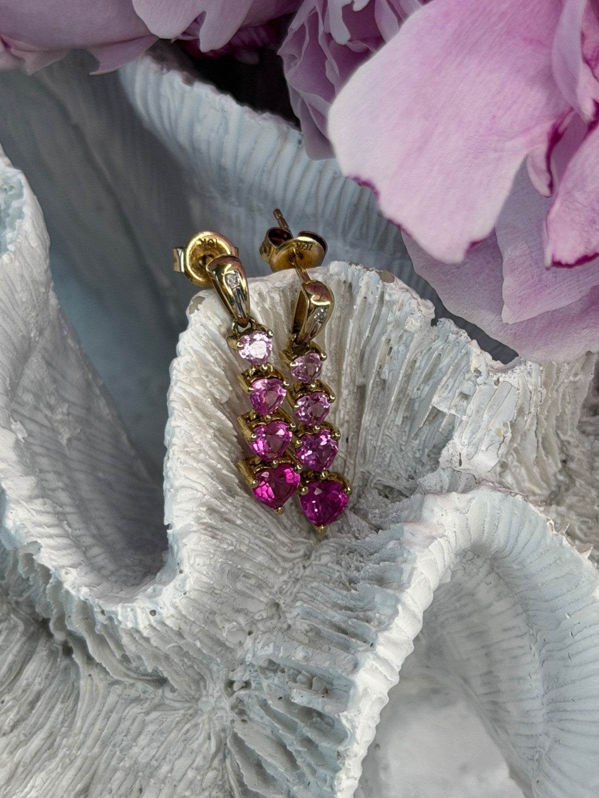 10K Yellow Gold Pink Sapphire & Diamond "Hearts" Earrings