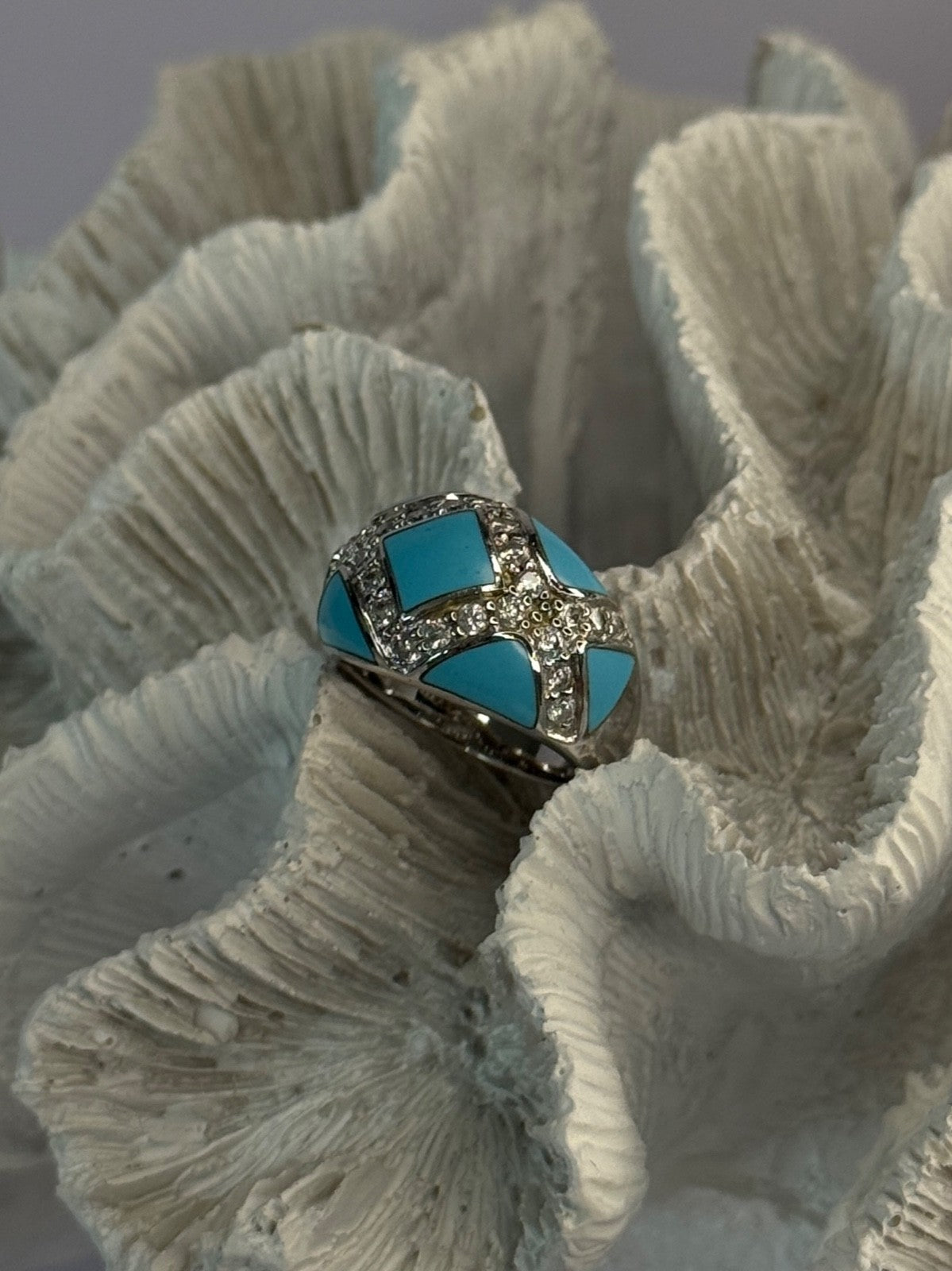 925 Sterling Silver Turquoise & CZ Ring Size 6
