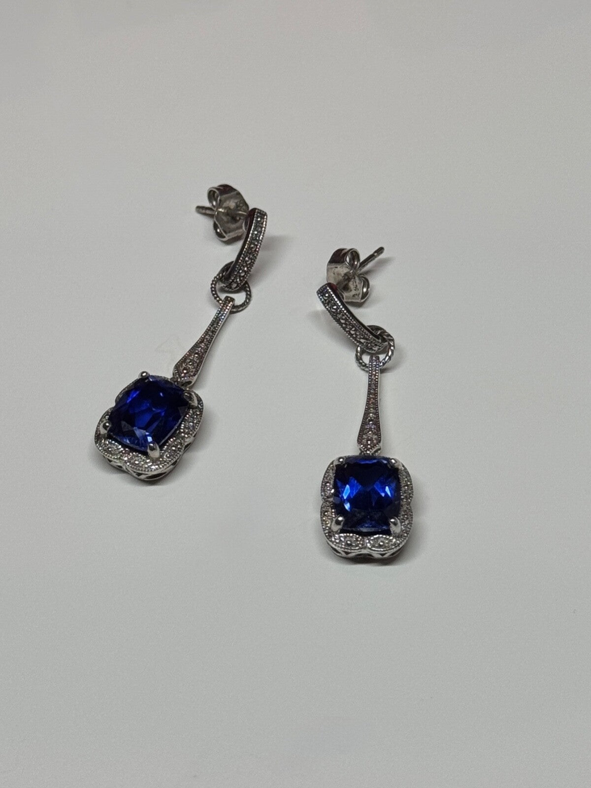 925 Sterling Silver Sapphire Earrings Length 1.5 Inch