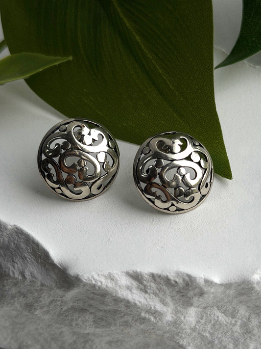 Vintage Scroll Stud Ornate Filigree Dome 925 Sterling Silver Earrings