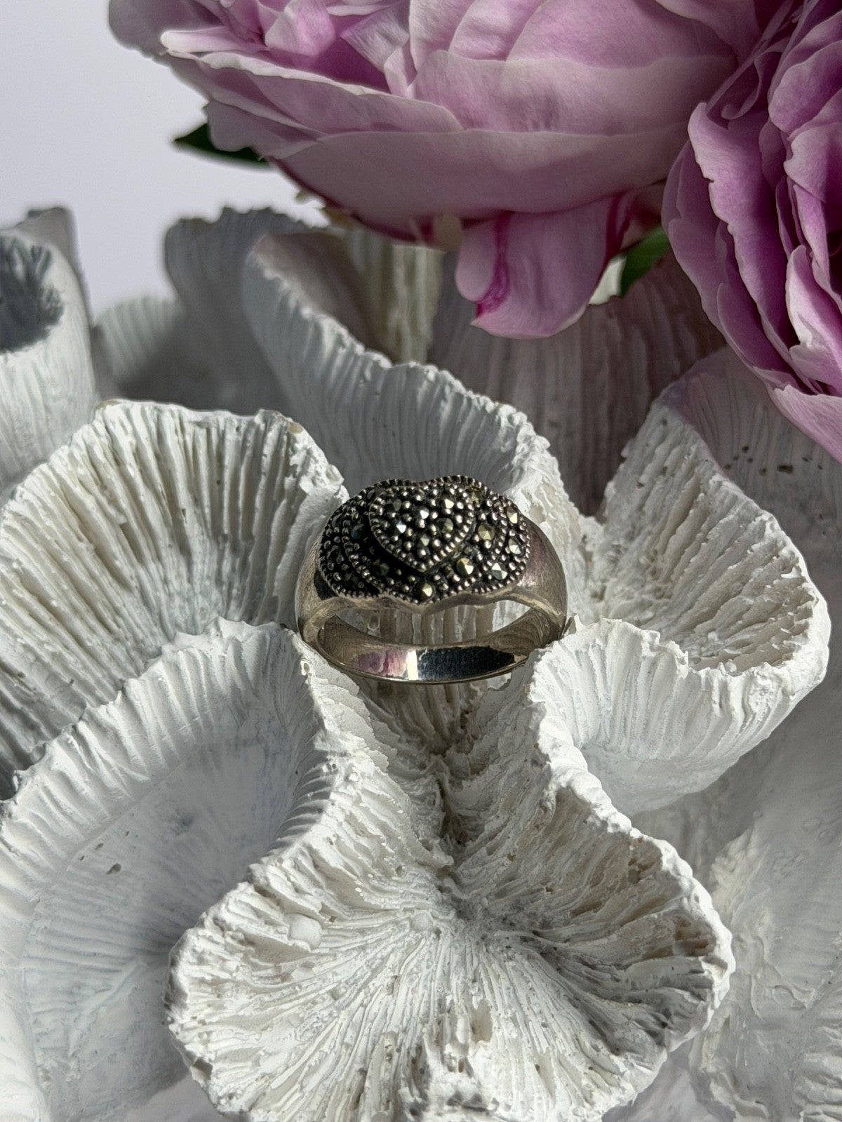 Vintage 925 Sterling Silver Marcasite Heart Ring Size 8
