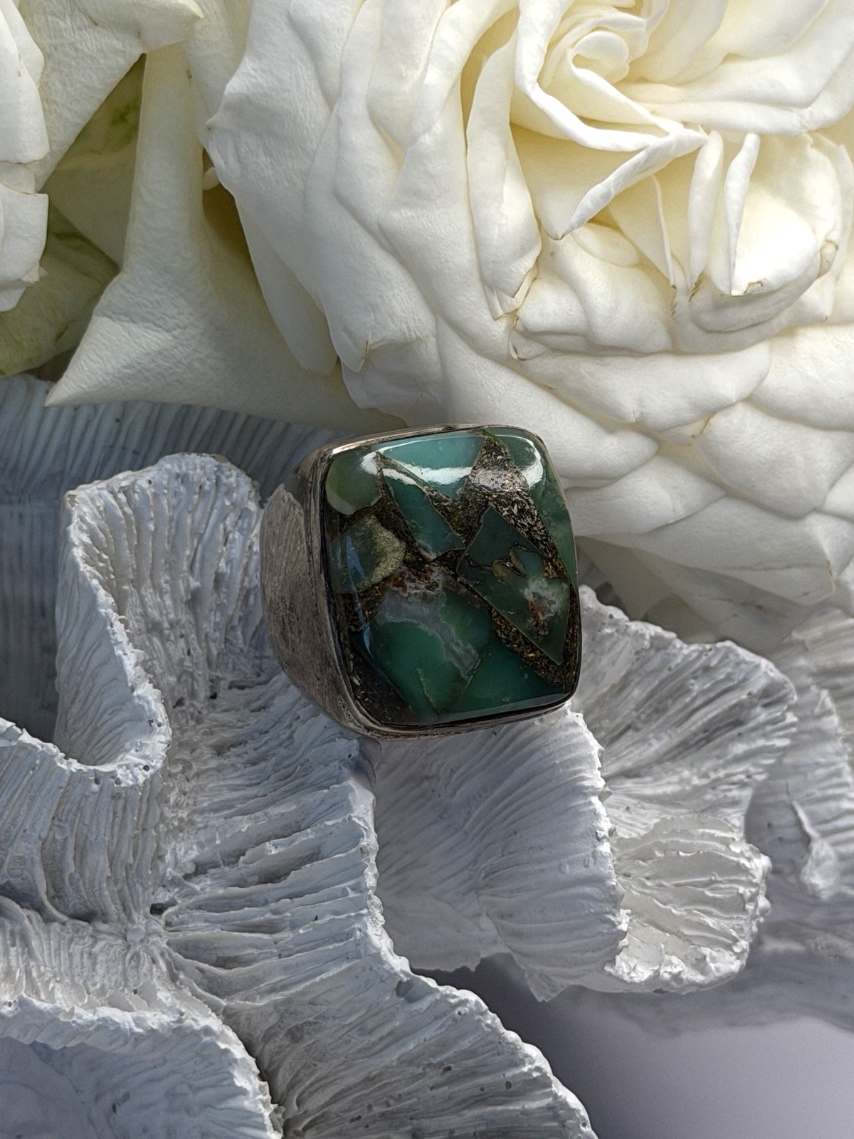 Vintage 925 Sterling Silver Green Turquoise Mosaic Ring Size 9.5