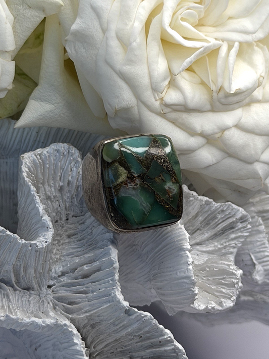 Vintage 925 Sterling Silver Green Turquoise Mosaic Ring Size 9.5