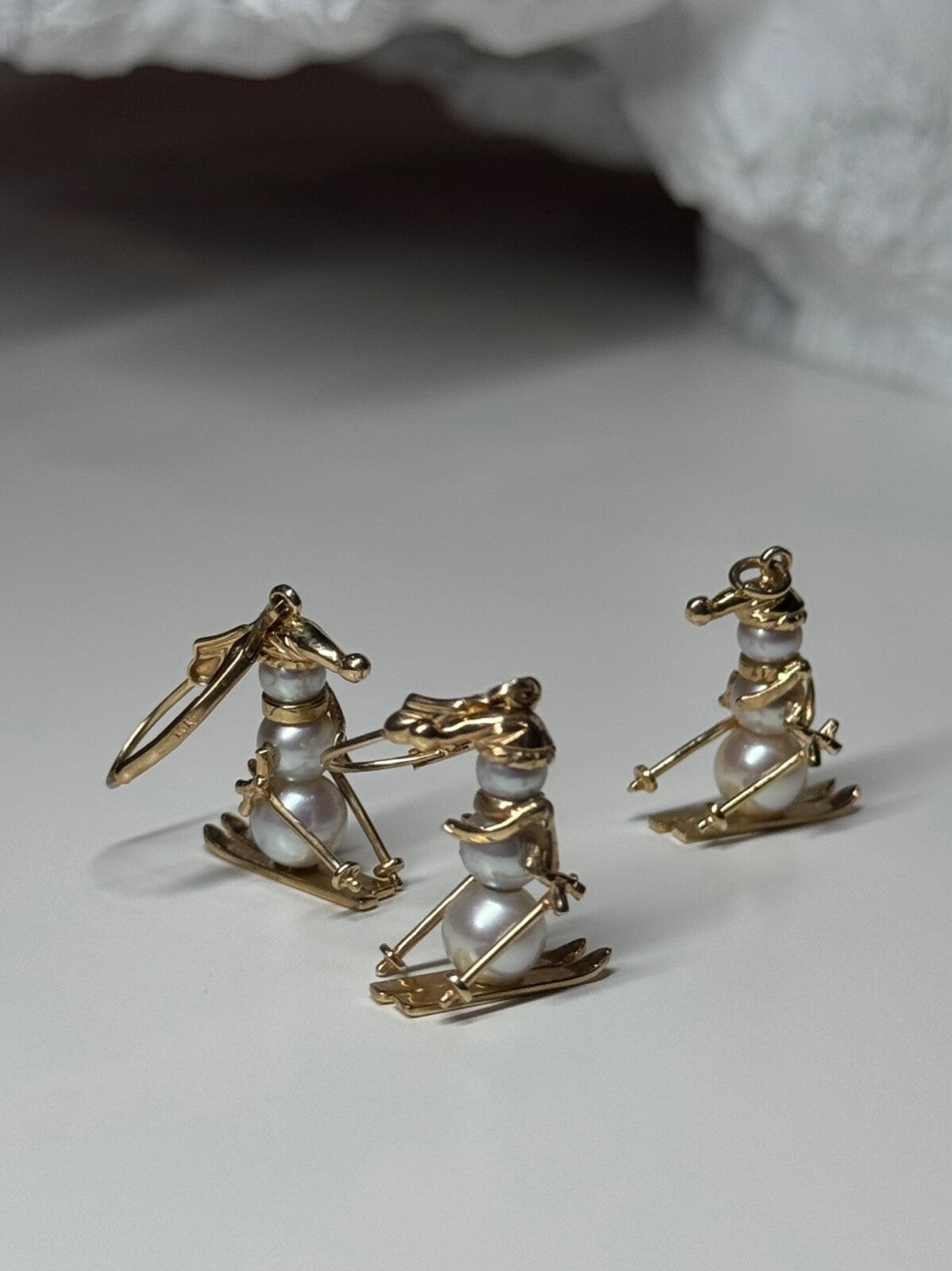 14K Yellow Gold Pearls Earrings & Pendant Skiing Snowmens ON Skis