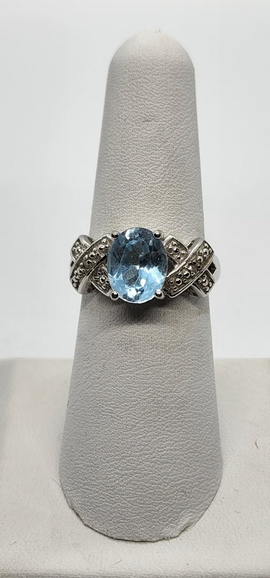 925 Sterling Silver With Topaz & Diamonds Ring Size 7