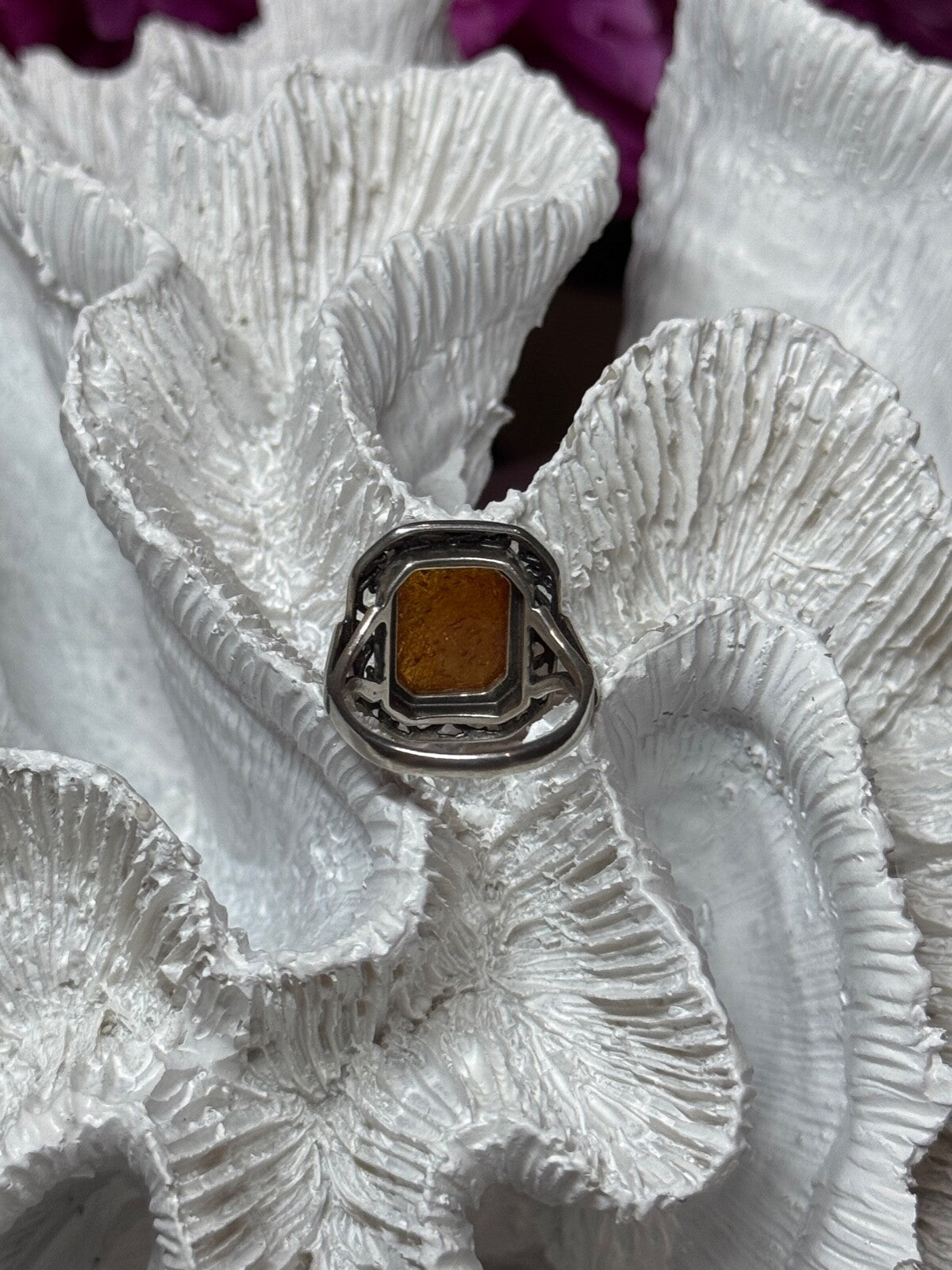 925 Sterling Silver Amber Ring Size 5