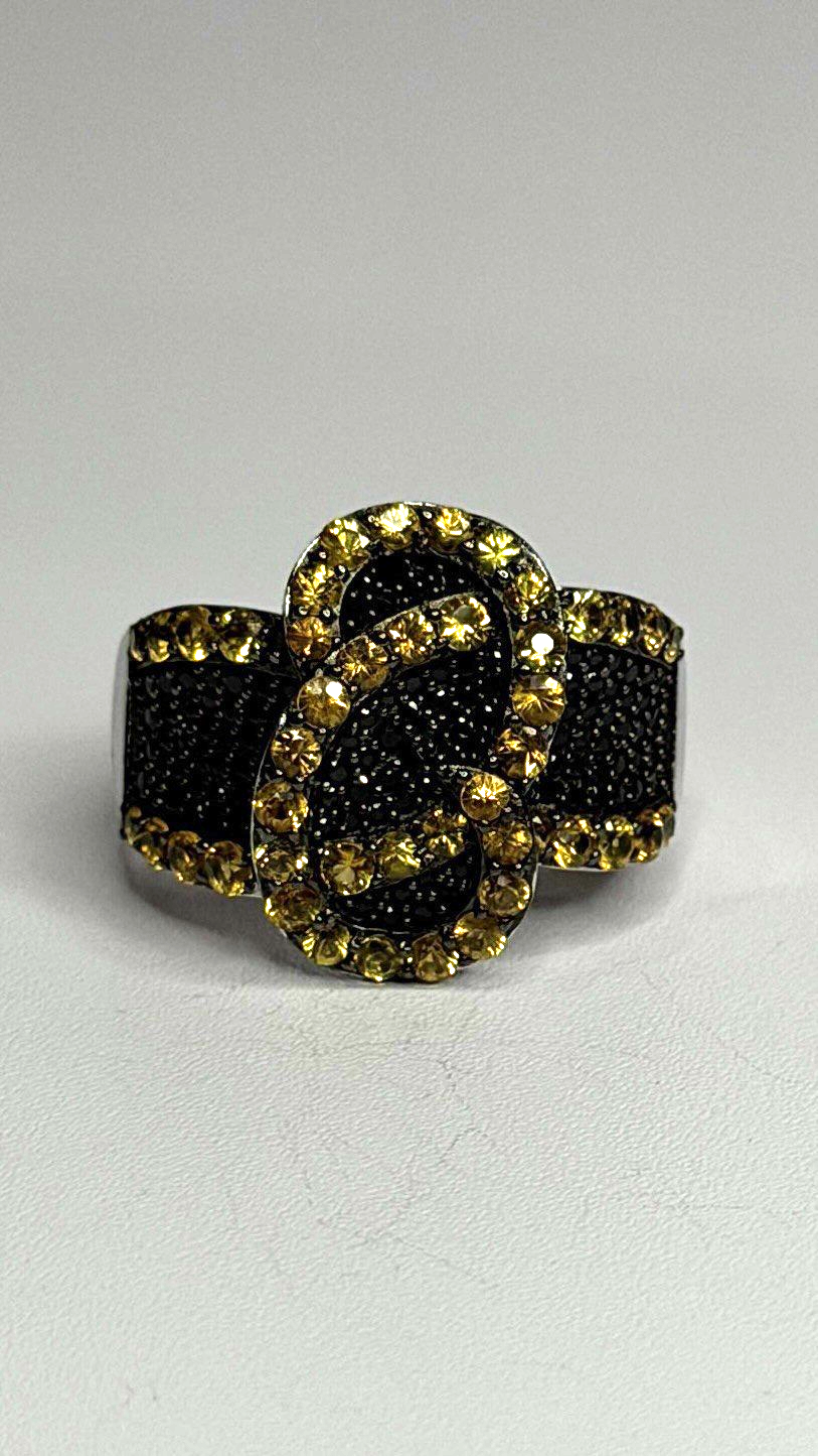 925 Sterling Silver Black Spinel & Yellow Sapphire Ring Size 10