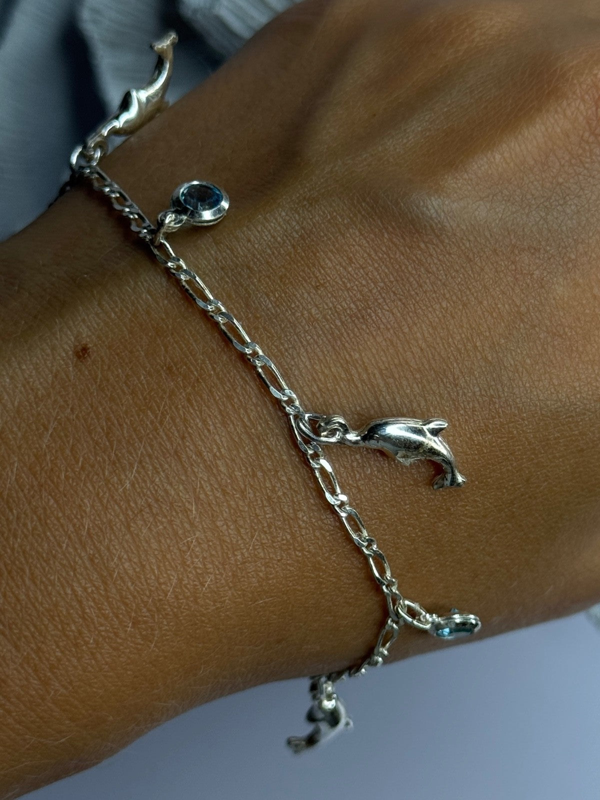 925 Sterling Silver Dolphin Blue Topaz Bracelet Length 7.5