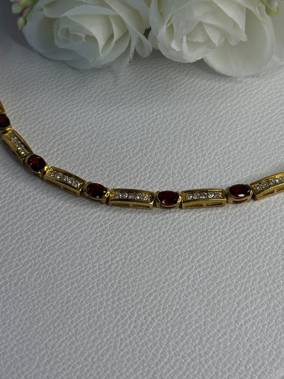 925 Sterling Silver Gold Plated Jjt Garnet & CZ Bracelet Length 7.5