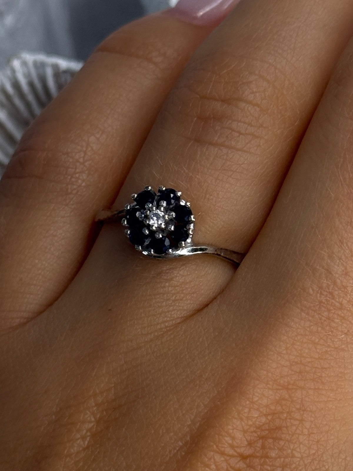925 Sterling Silver Blue & White Sapphire Flower Ring Sizable