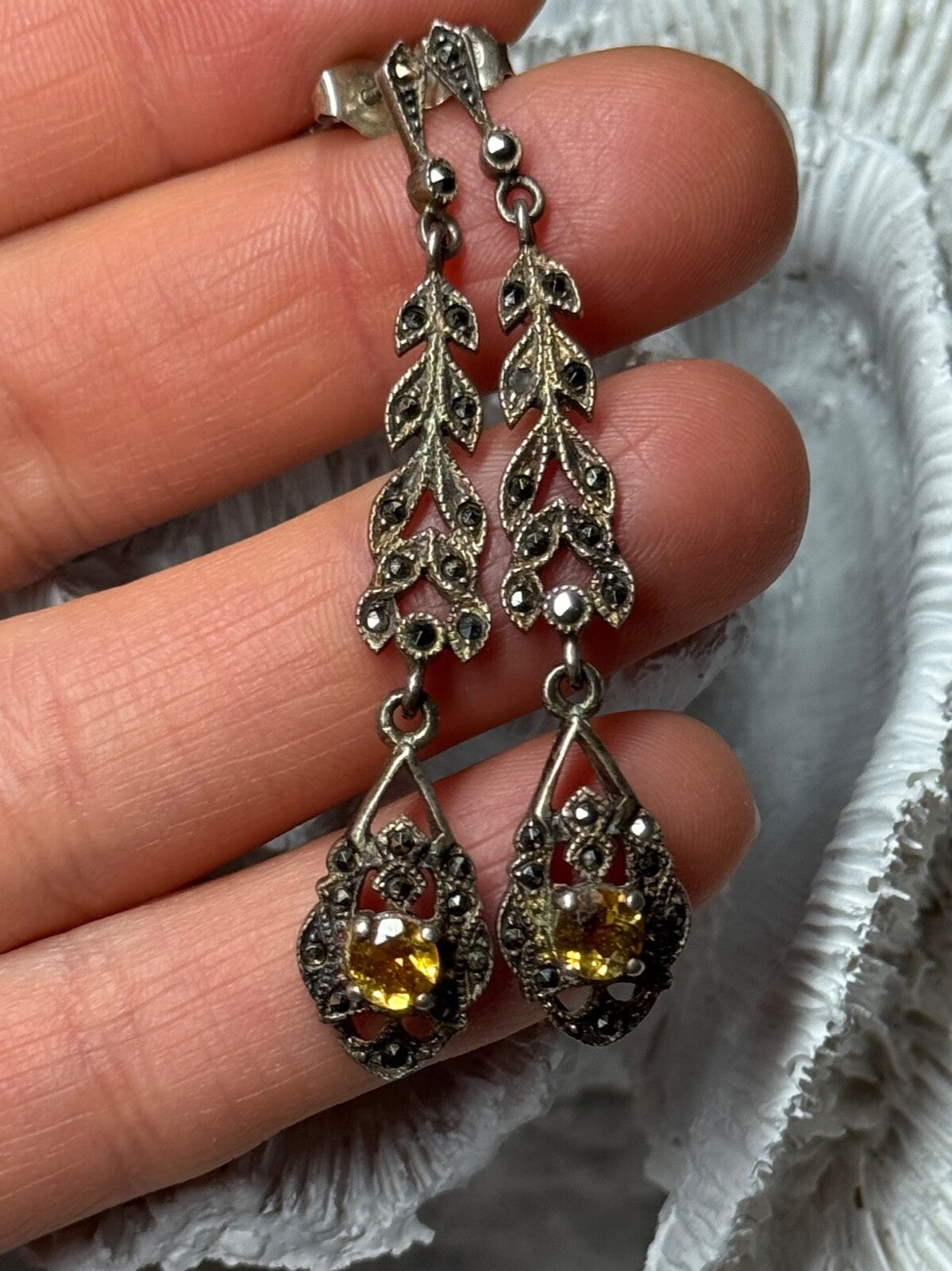 925 Sterling Silver Citrine & Marcasite Earrings Length 2.2 Inch