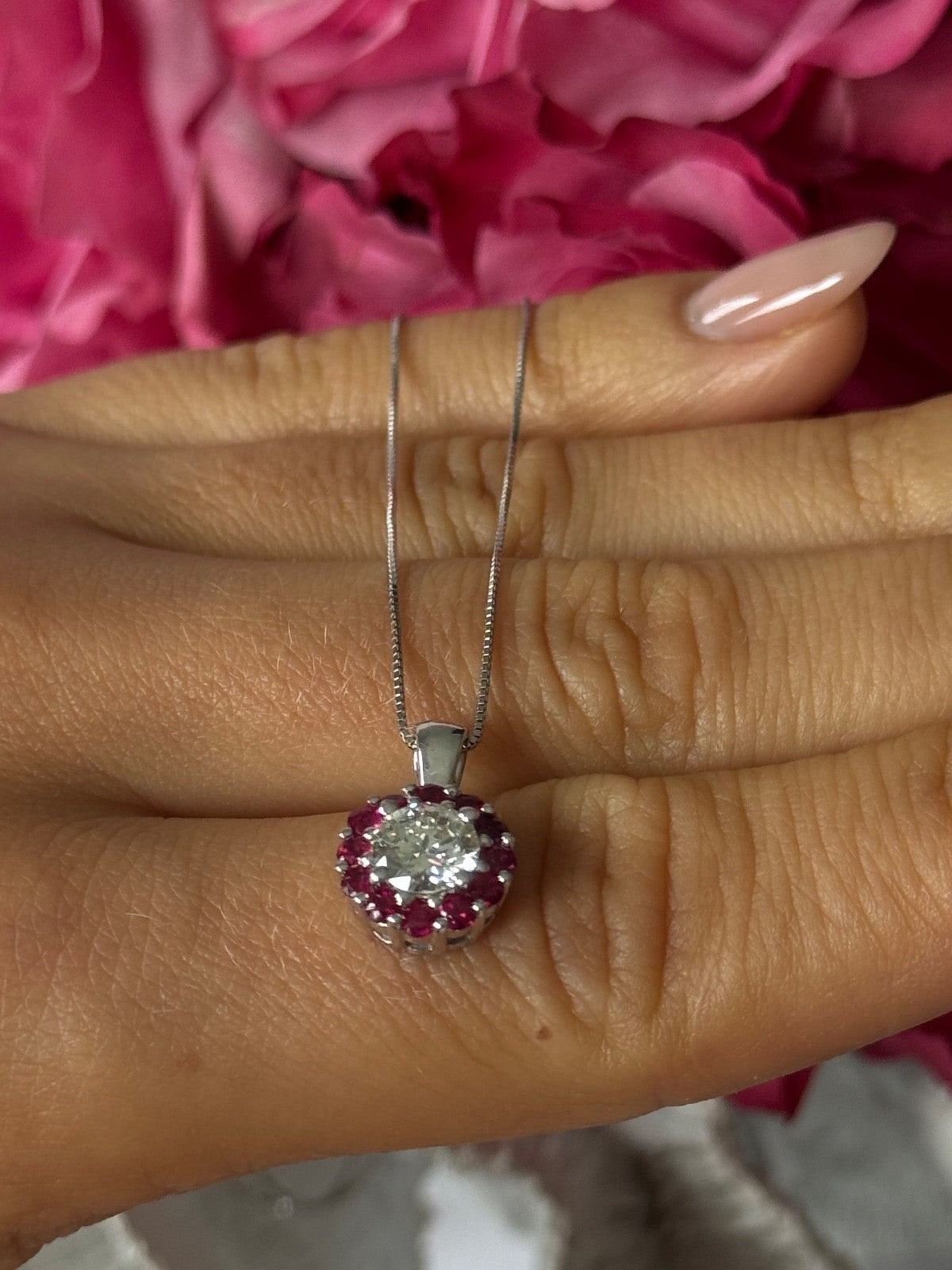 14K White Gold Diamond & Ruby Flower Necklace Length 18 inch