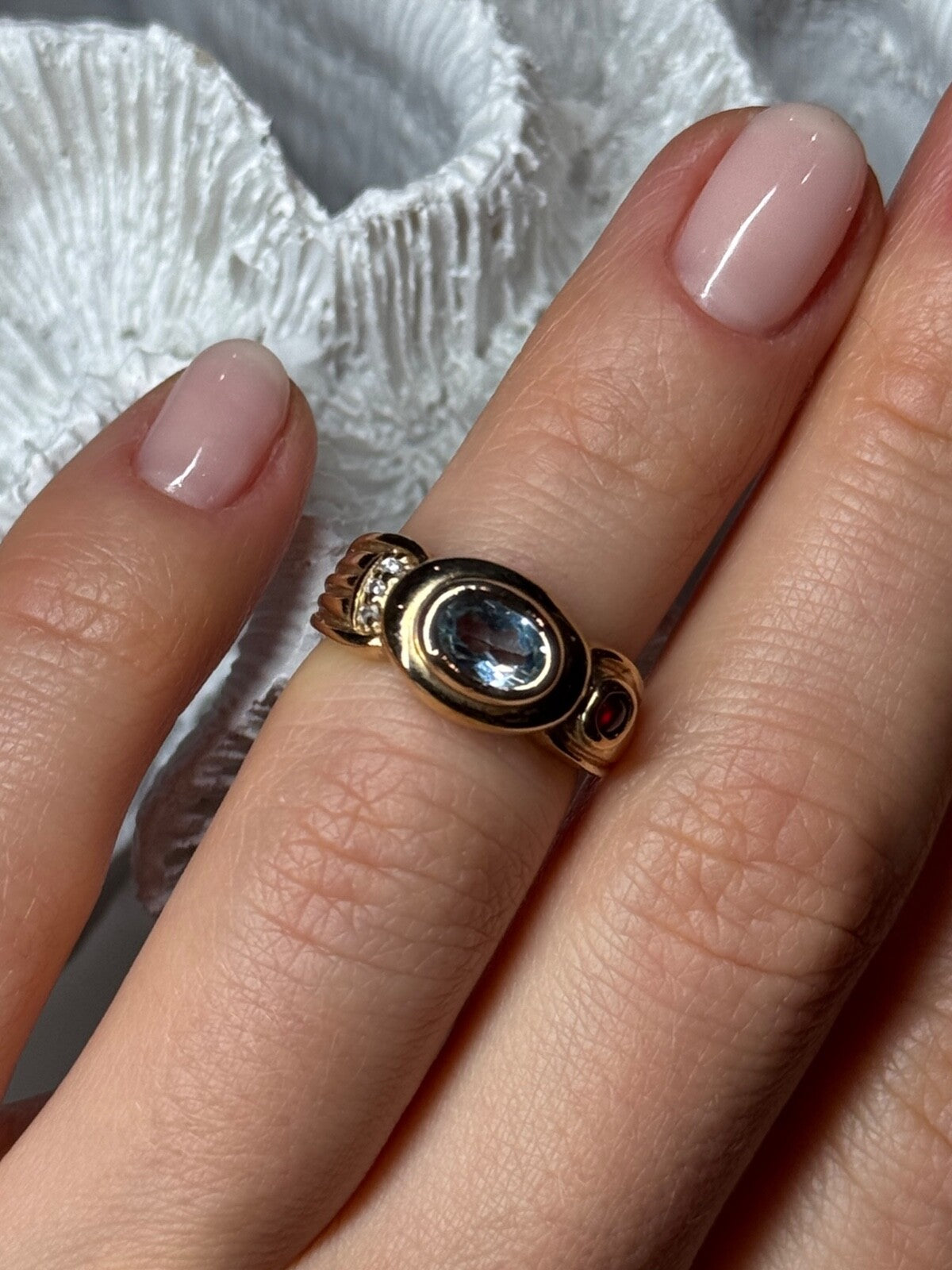 925 Sterling Silver Gold Plated Aquamarine, Garnet & CZ Ring Size 4