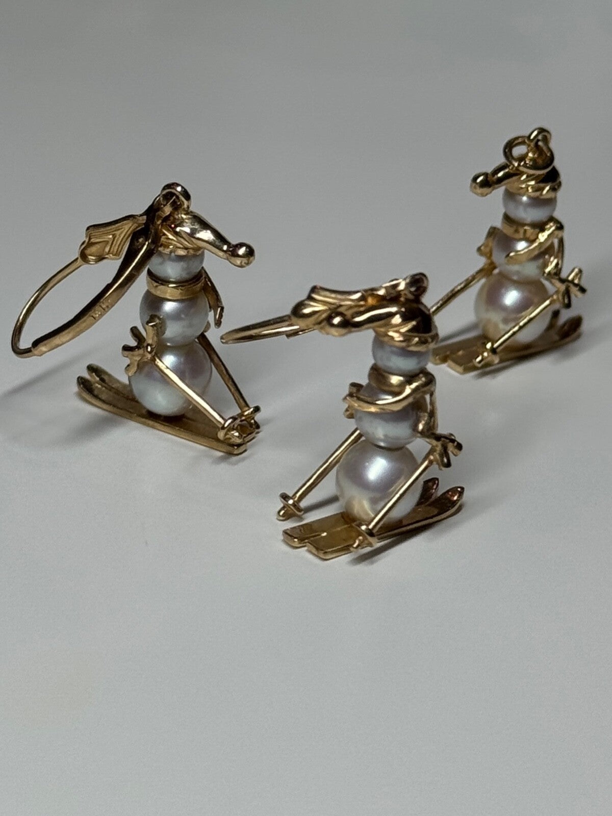 14K Yellow Gold Pearls Earrings & Pendant Skiing Snowmens ON Skis
