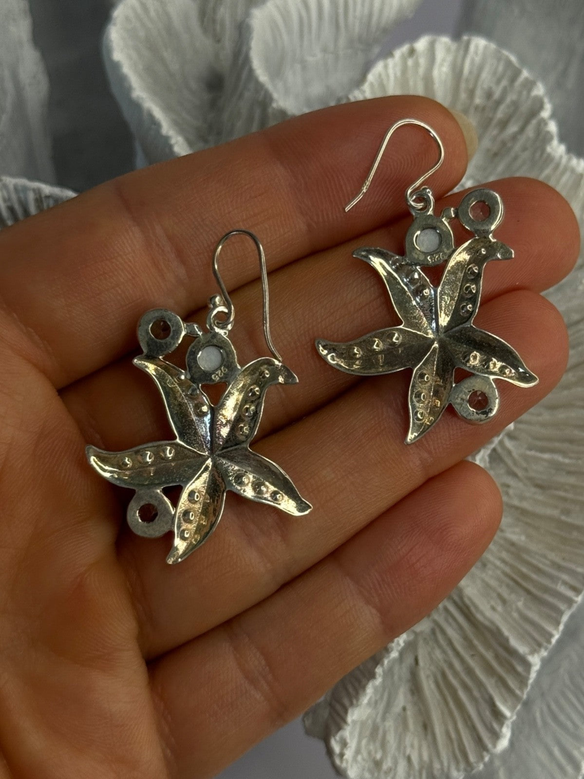 925 Sterling Silver See Star Blue Topaz & Pearl Earrings Length 1.70 Inch