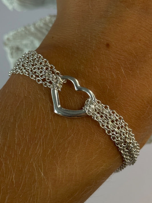 925 Sterling Silver 6 Chain Italy Heart Bracelet Length 7