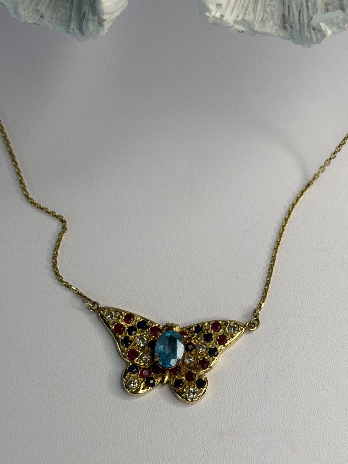 14K Yellow Gold Topaz Ruby Sapphire Diamond Necklace Butterfly