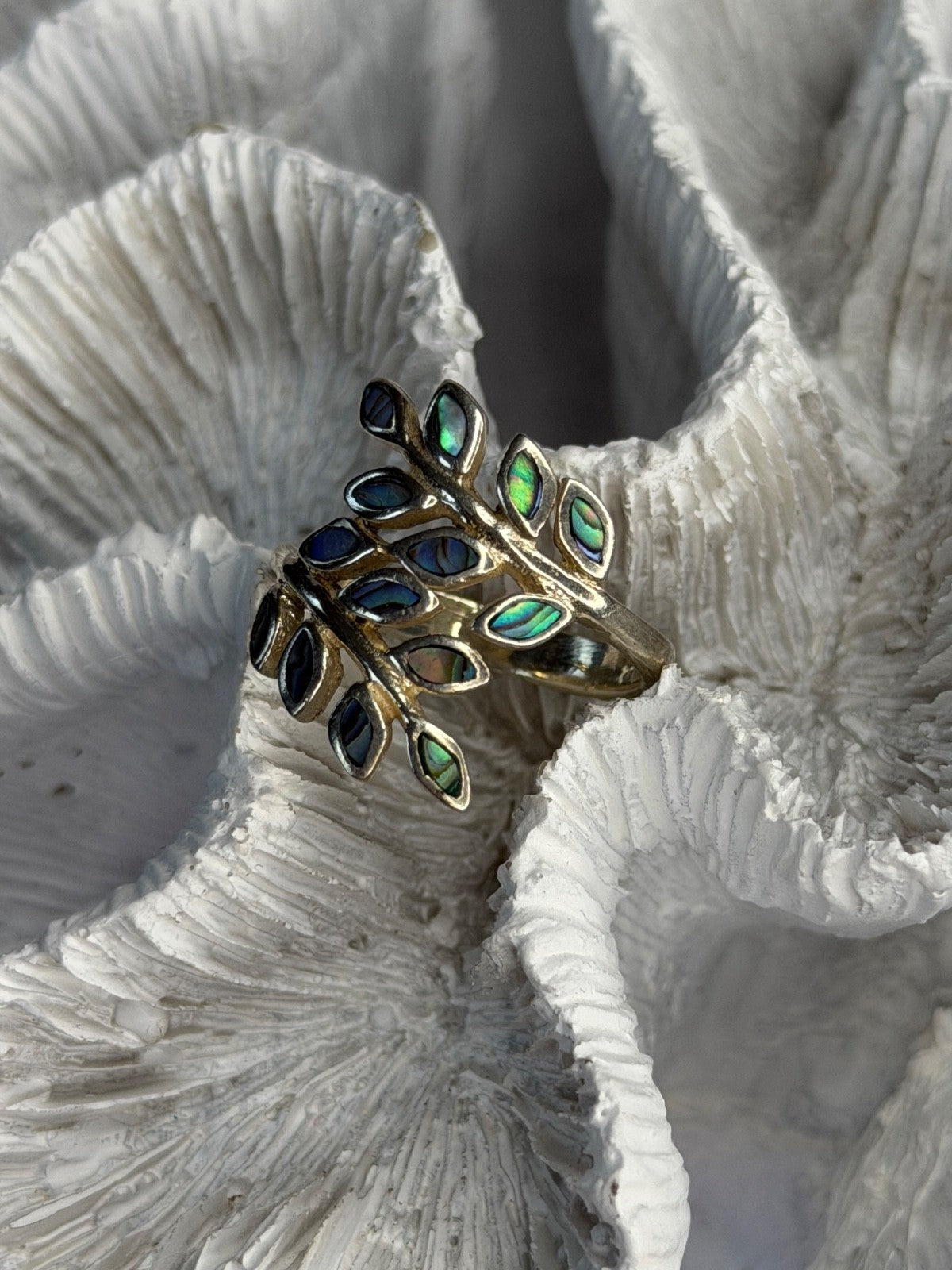 925 Sterling Silver Leaf Abalone Ring Size 8.5