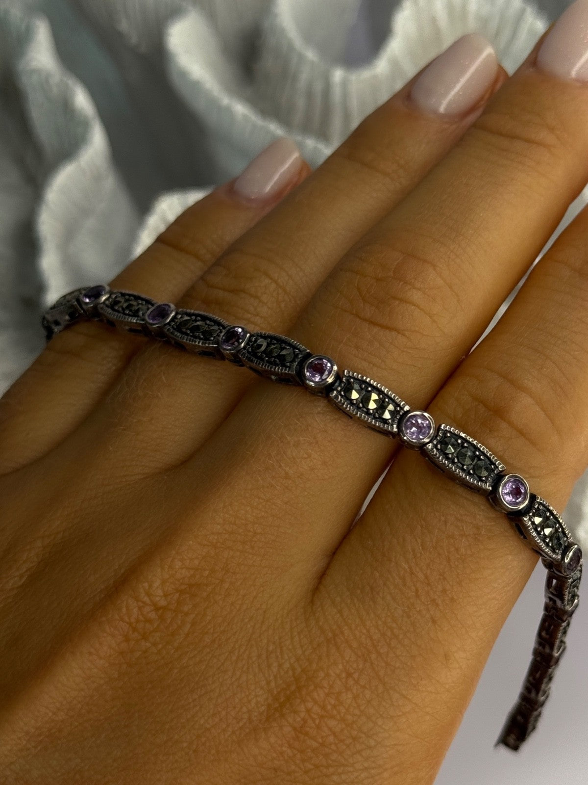 925 Sterling Silver Amethyst & Marcasite Bracelet Length 7.5