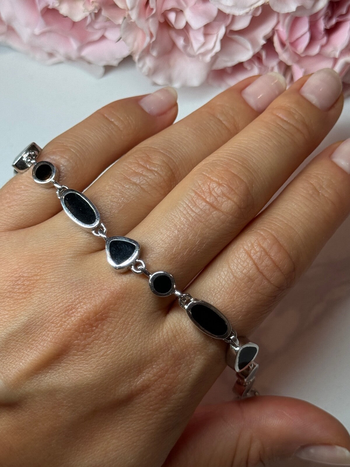 925 Sterling Silver Black Enamel Bracelet Length 7.5 in