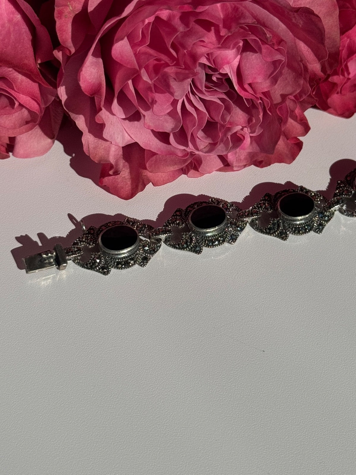 Vintage 925 Sterling Silver Onyx & Marcasite Bracelet 7 Inch